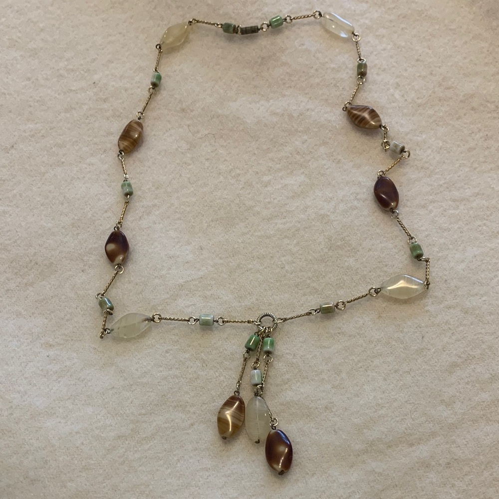 Vintage Natural Stone Lariat Necklace Gold Tone 28"